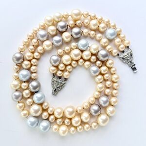 Vintage 1960s Kenneth Jay Lane Triple Strand Faux Pearl Rhinestone Necklace